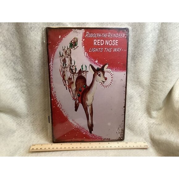 Rudolph The Reindeers Red Nose Lights The Way Metal Sign 12" x 8" Vintage Style - Picture 1 of 2